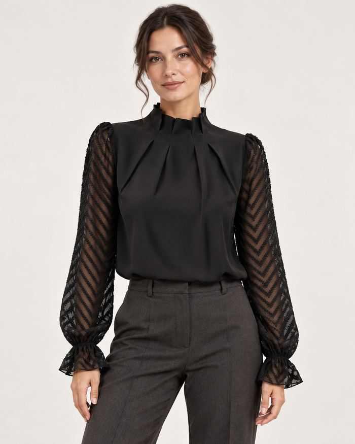 Women's high neck blouse in black, front view