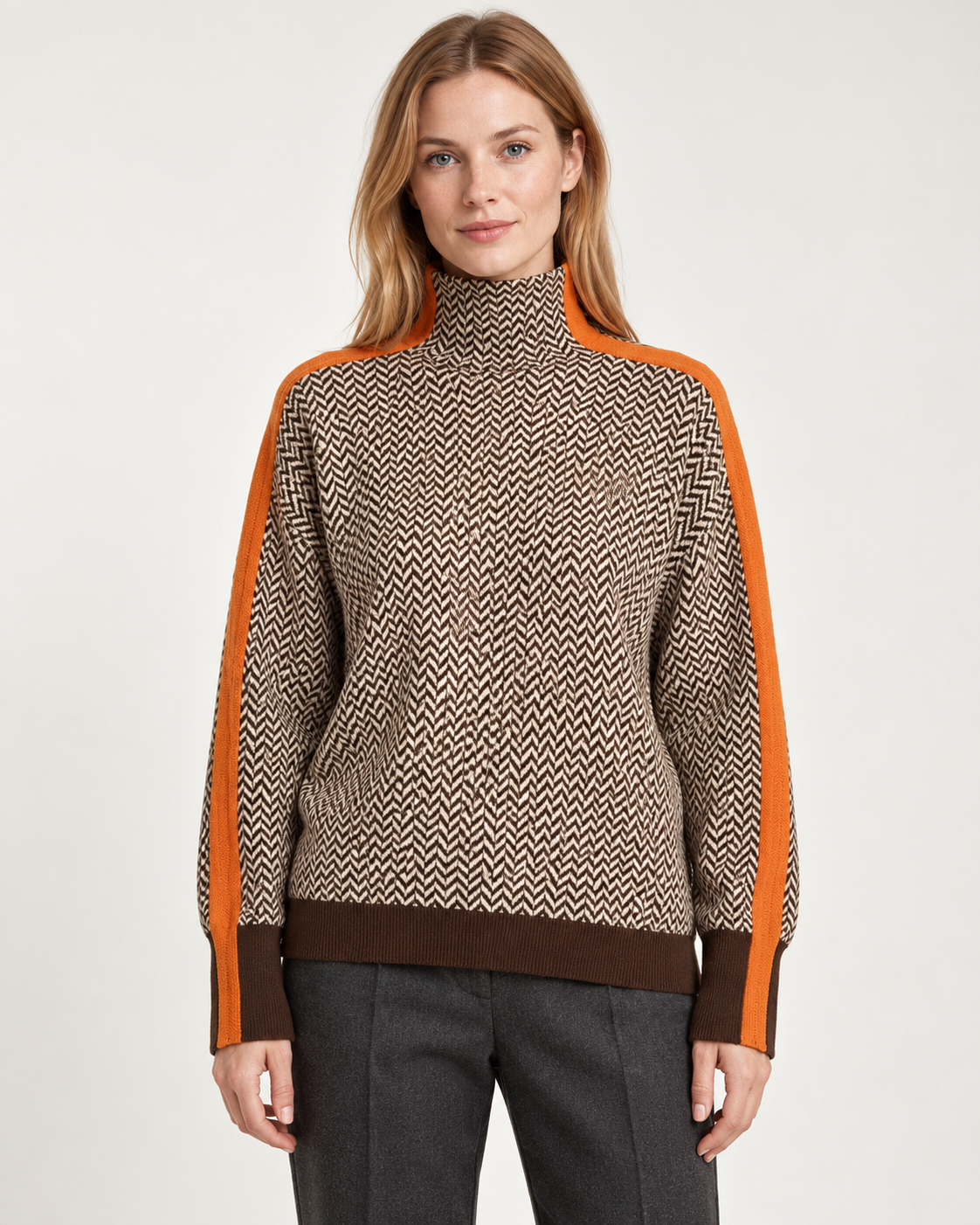 Women's high neck jumper in orange, front view