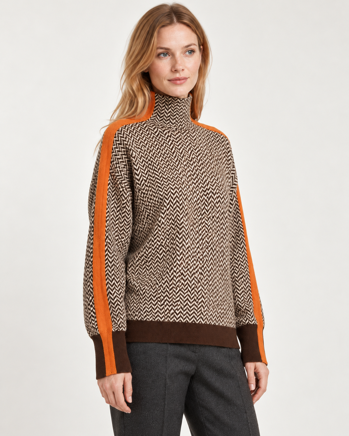 Women's high neck jumper in orange, three-quarter view