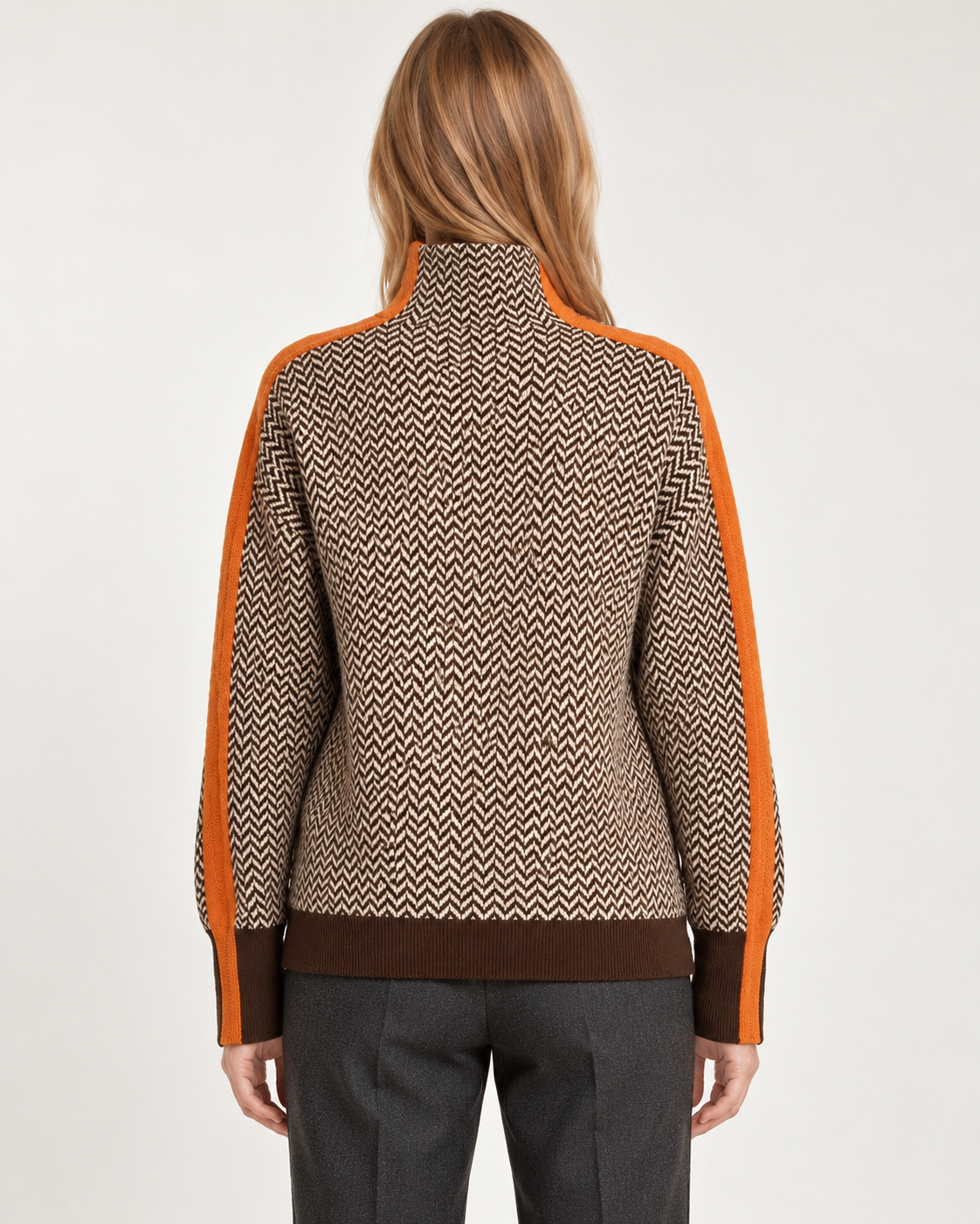 Women's high neck jumper in orange, back view