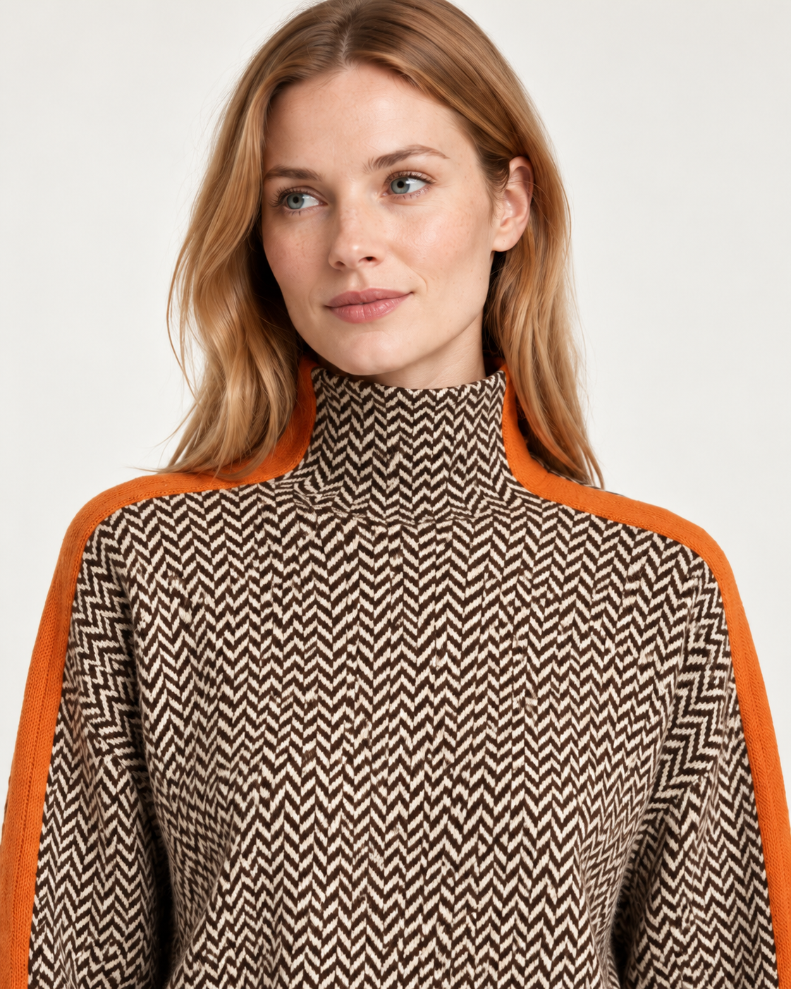 Women's high neck jumper in orange, front close-up