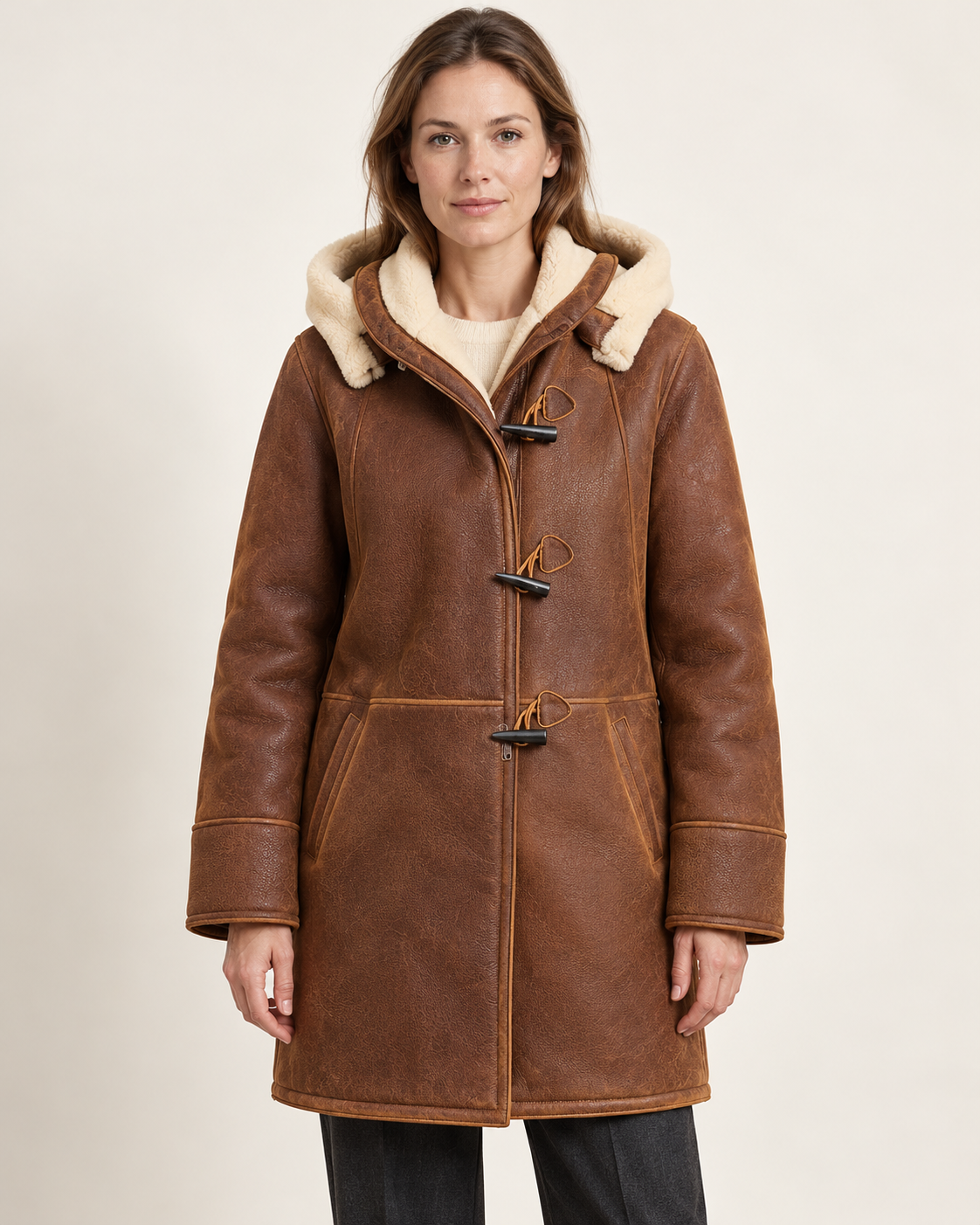Women's hooded coat in brown, front view