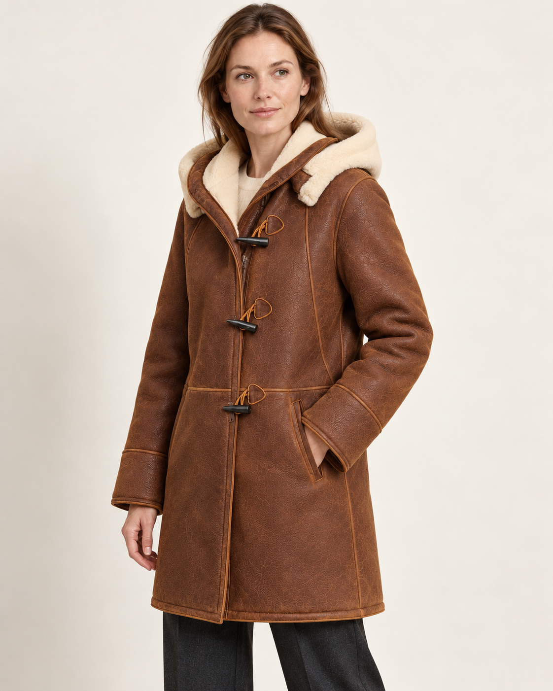 Women's hooded coat in brown, three-quarter view