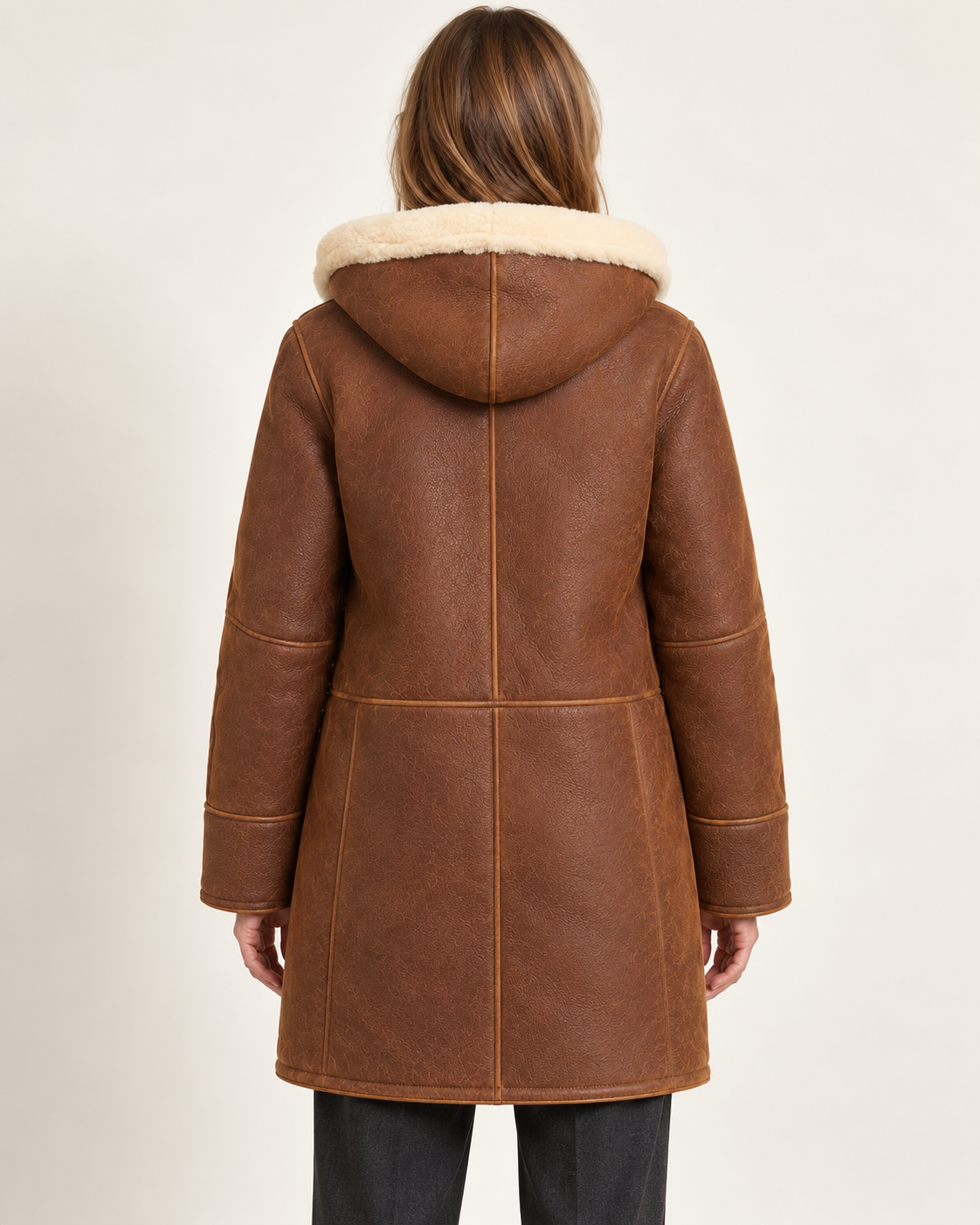Women's hooded coat in brown, back view