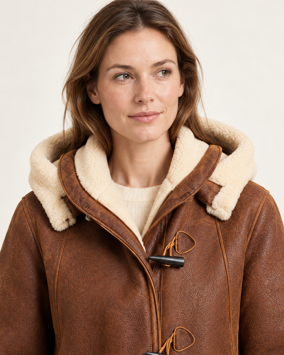 Women's hooded coat in brown, collar close-up