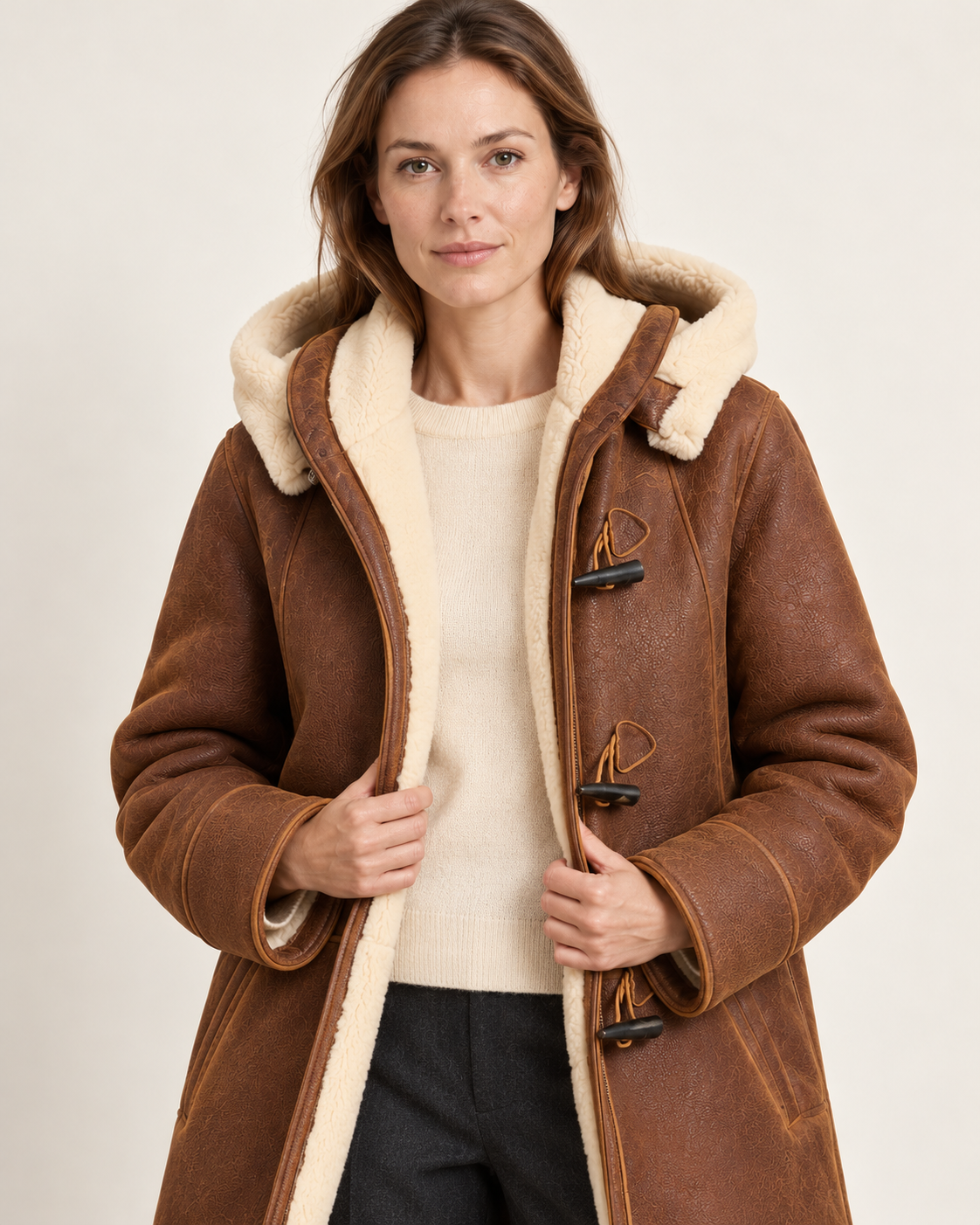 Women's hooded coat in brown, open styling view