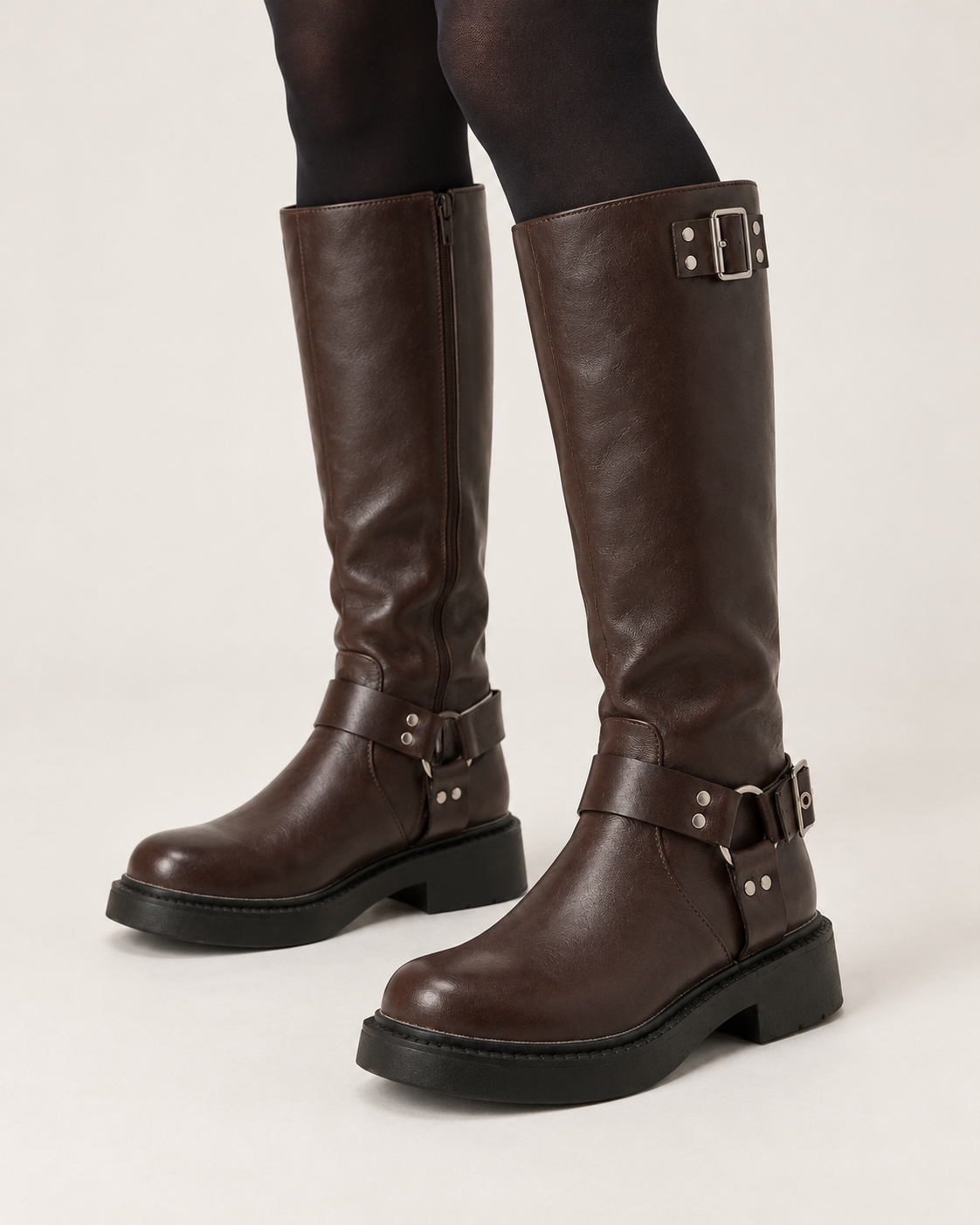 Women's biker knee high boots in espresso, front three-quarter view