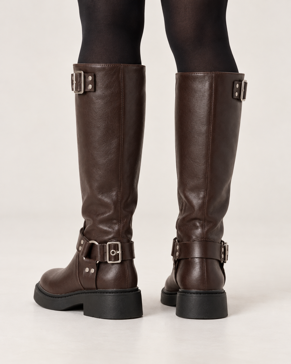 Women's biker knee high boots in espresso, back view