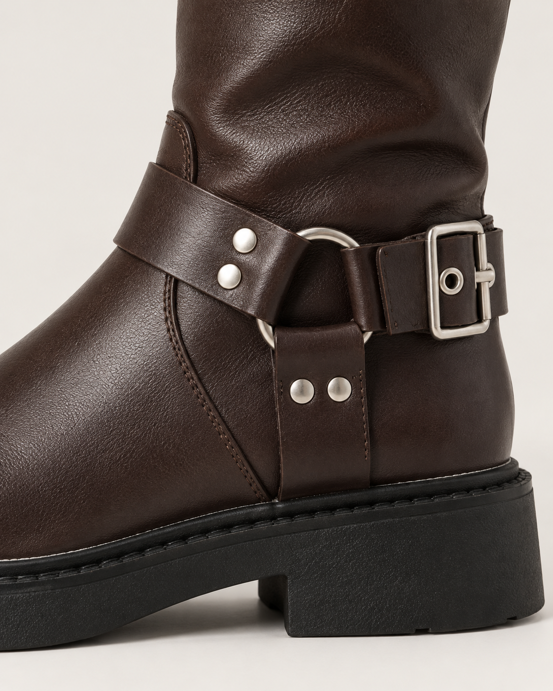 Women's biker knee high boots in espresso, detail view