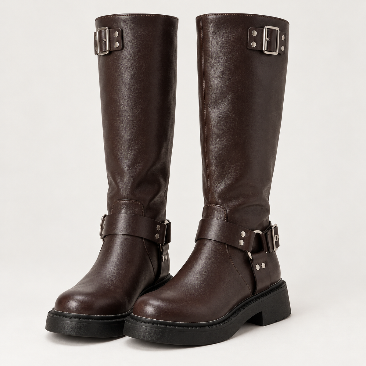 Women's biker knee high boots in espresso, product view