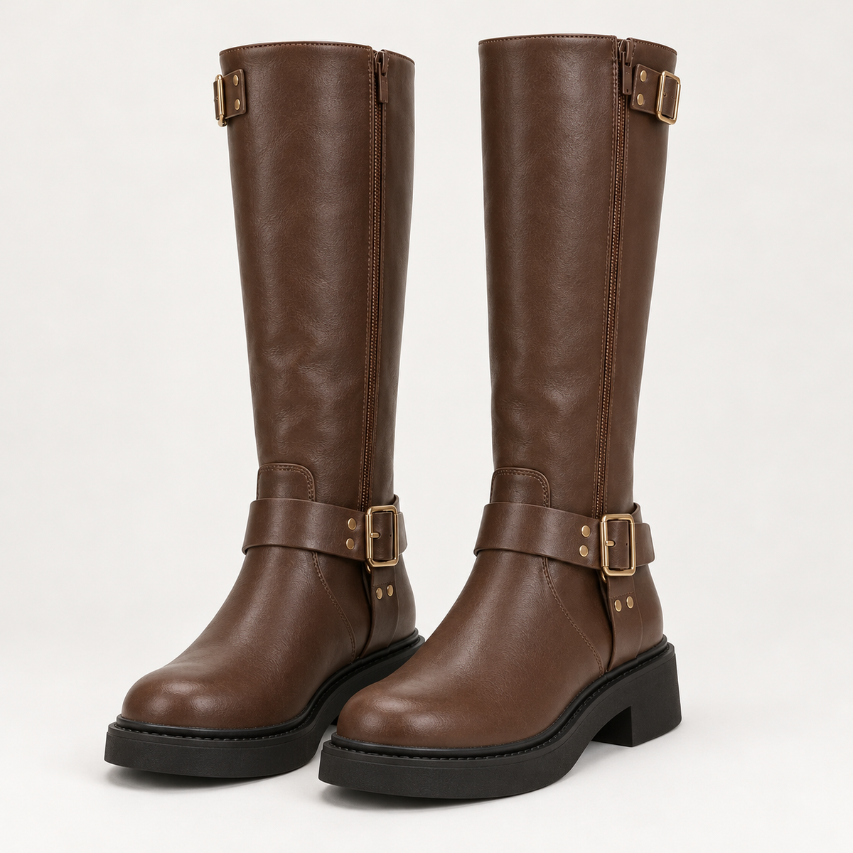Women's biker knee high boots in brown, product view