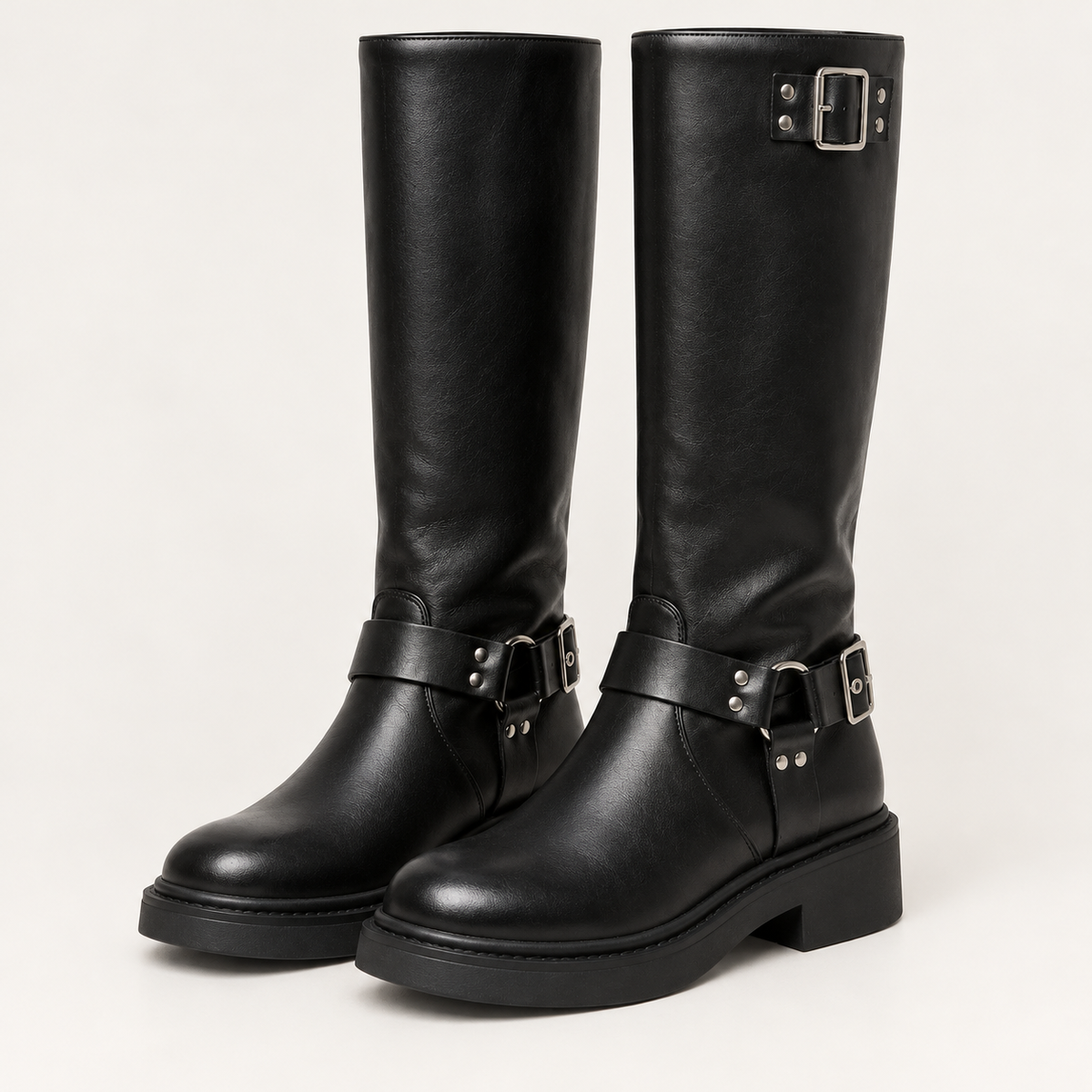 Women's biker knee high boots in black, product view