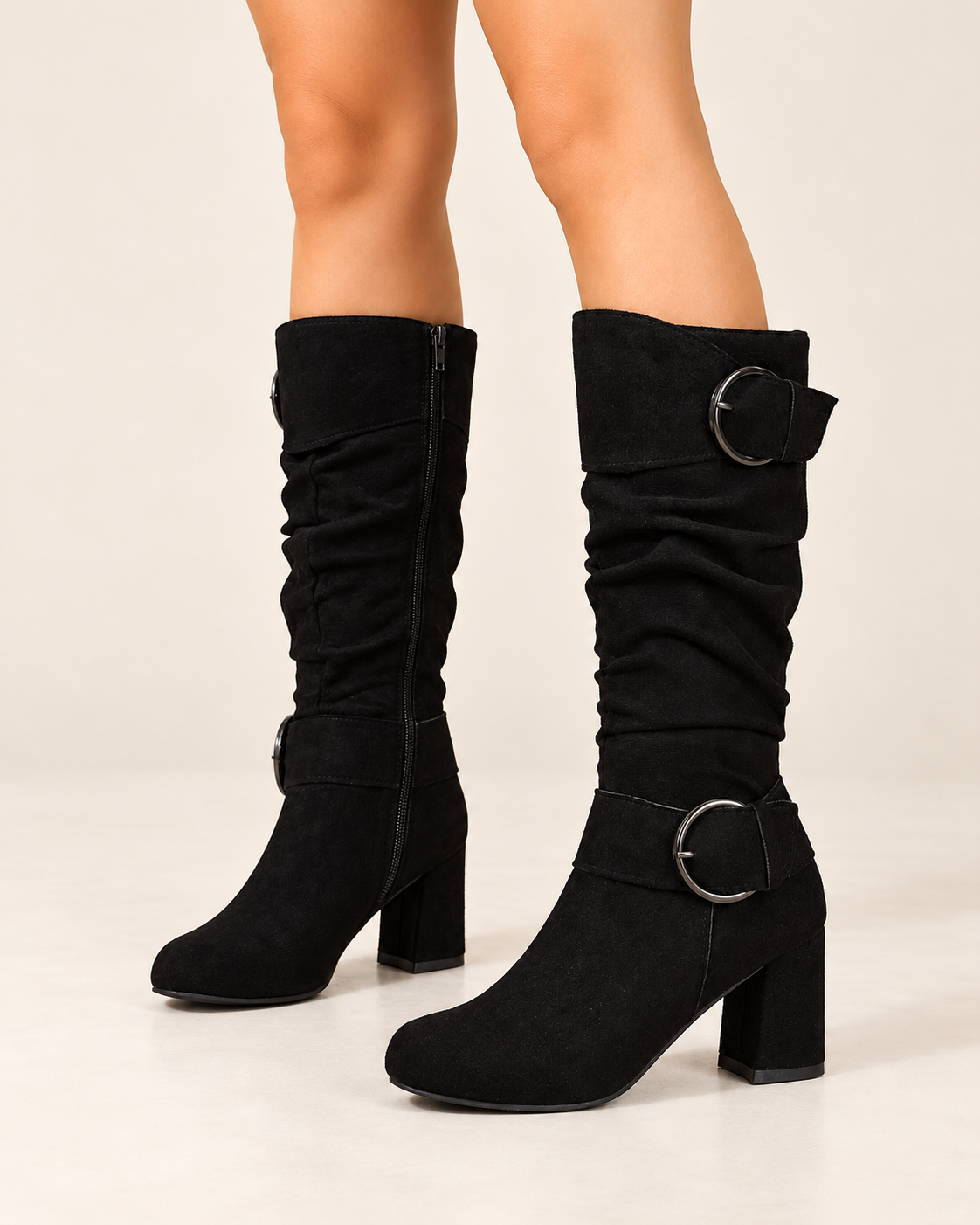 Women's knee high boots in black, front three-quarter view