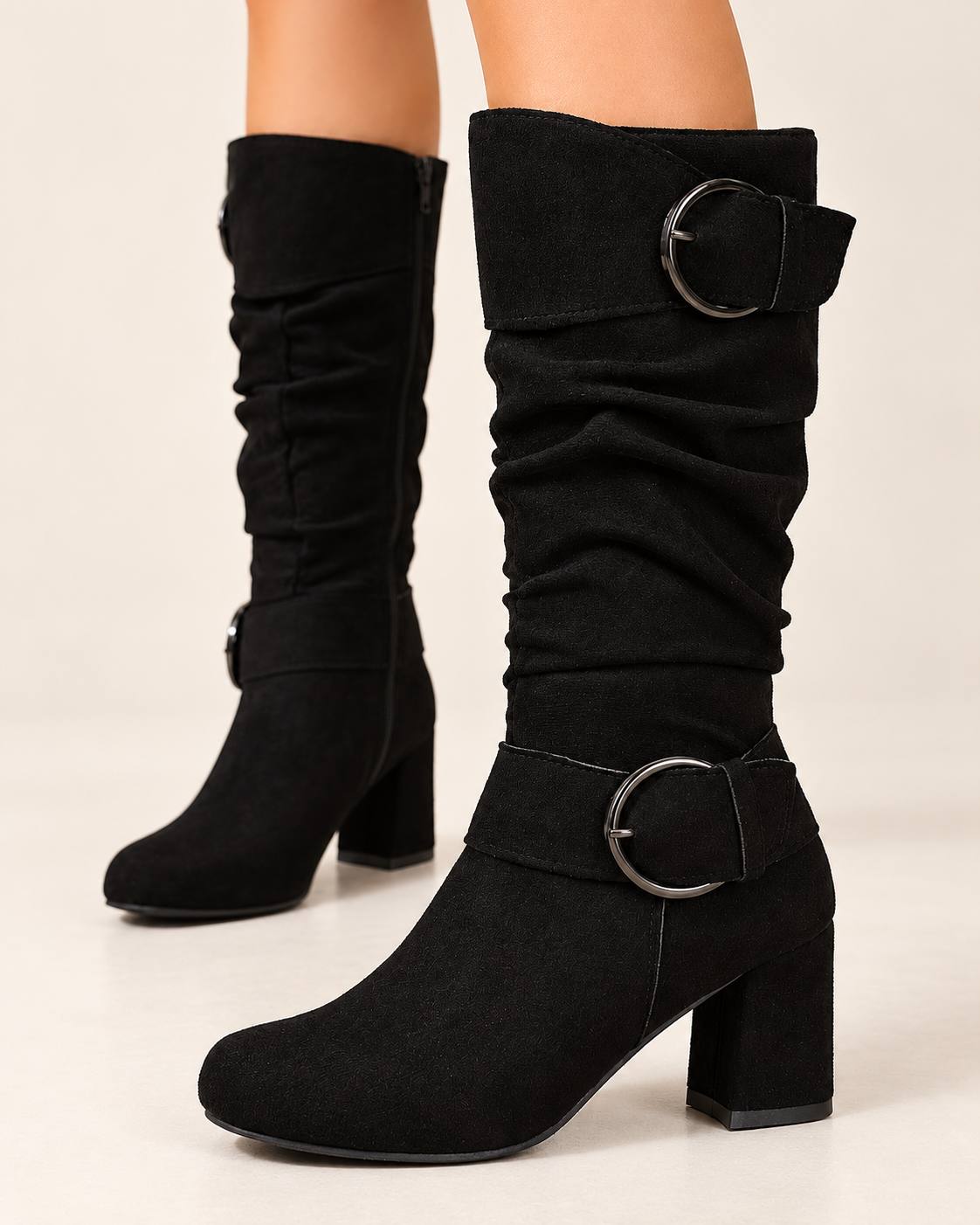 Women's knee high boots in black, buckle detail