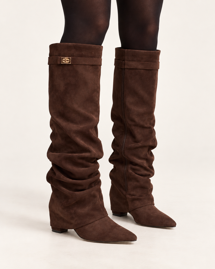 Women's knee high boots in dark brown, front three-quarter view