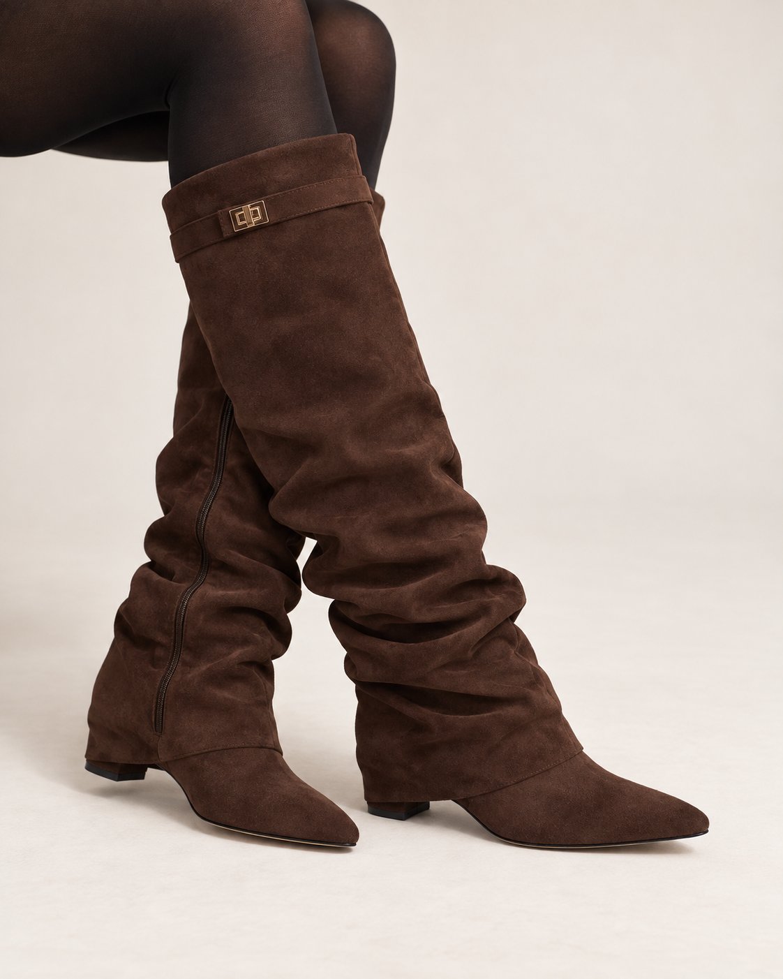 Women's knee high boots in dark brown, seated view