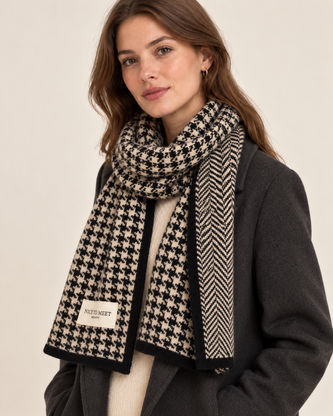 Women's black reversible houndstooth scarf - three quarter on model