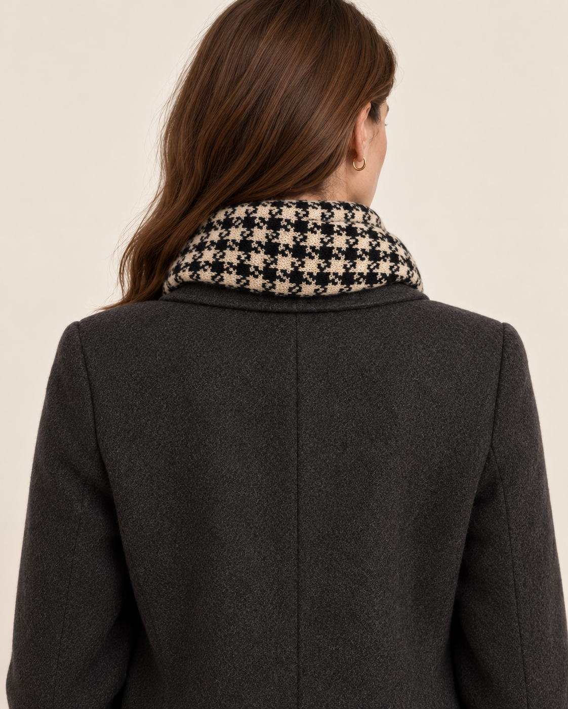 Women's black reversible houndstooth scarf - back view on model