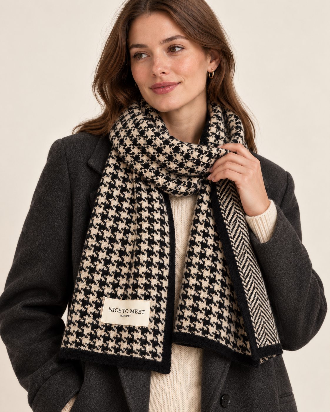 Women's black reversible houndstooth scarf - styling on model