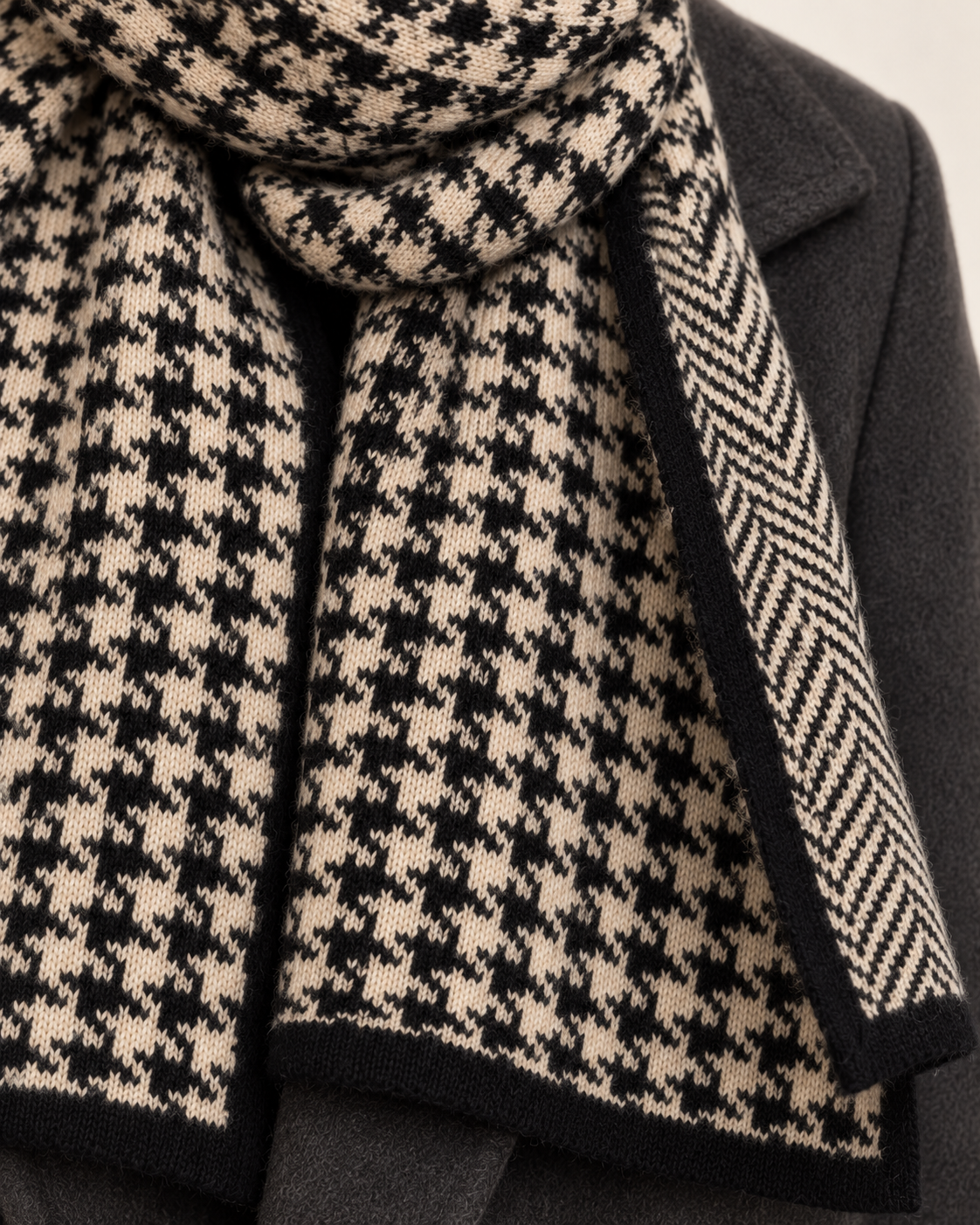 Women's black reversible houndstooth scarf - knit detail