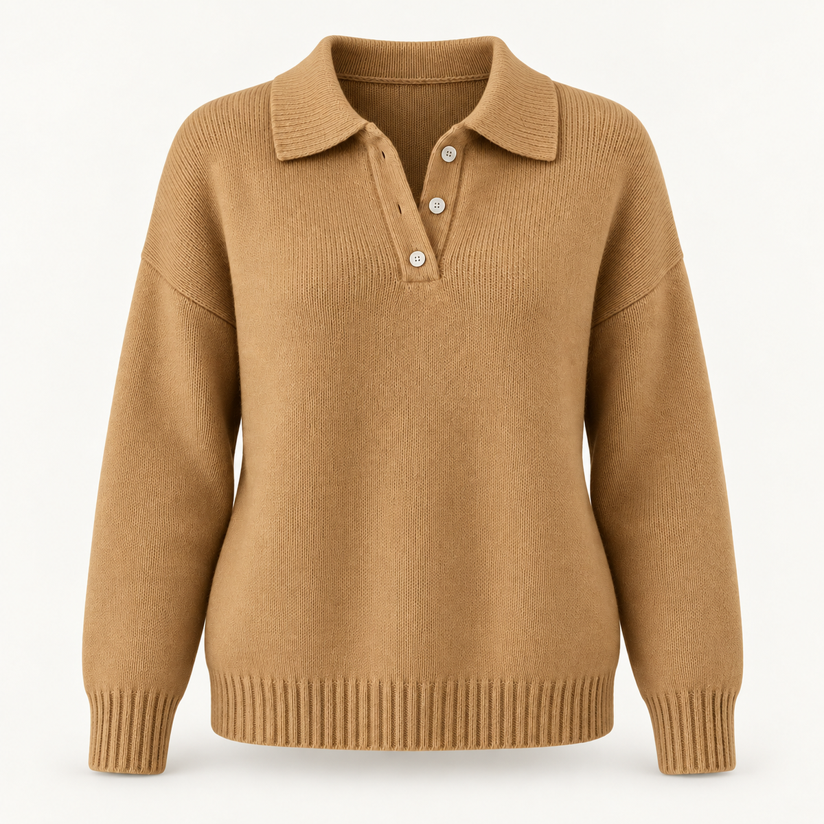 Women's Knitted Jumper - Polo Collar Button Placket Relaxed Fit