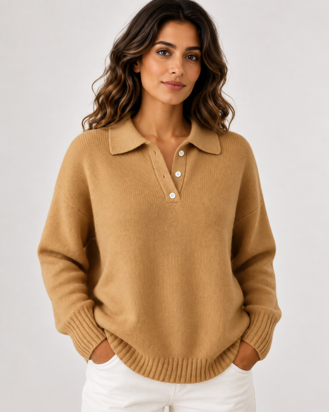 Women's Knitted Jumper - Polo Collar Button Placket Relaxed Fit