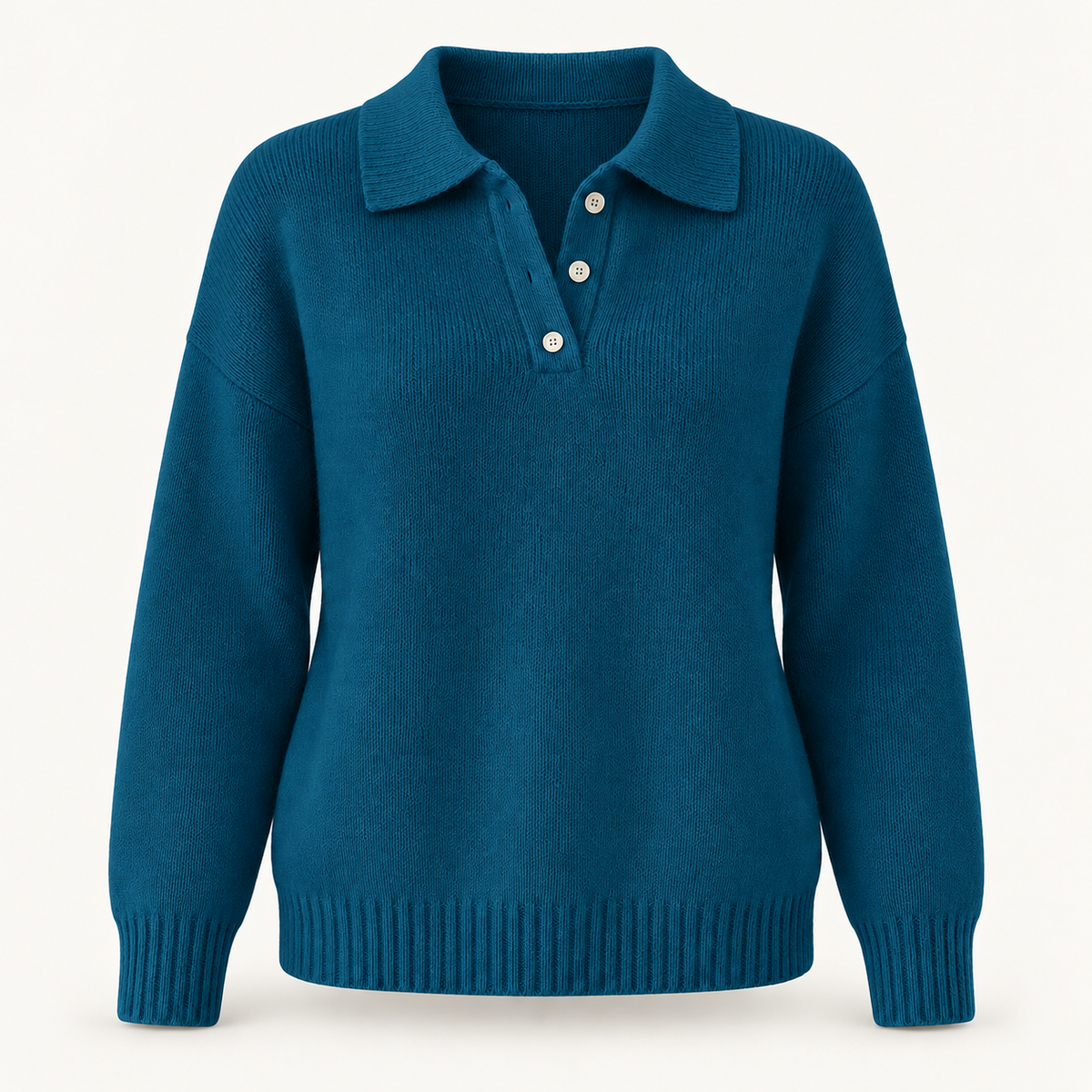 Women's Knitted Jumper - Polo Collar Button Placket Relaxed Fit