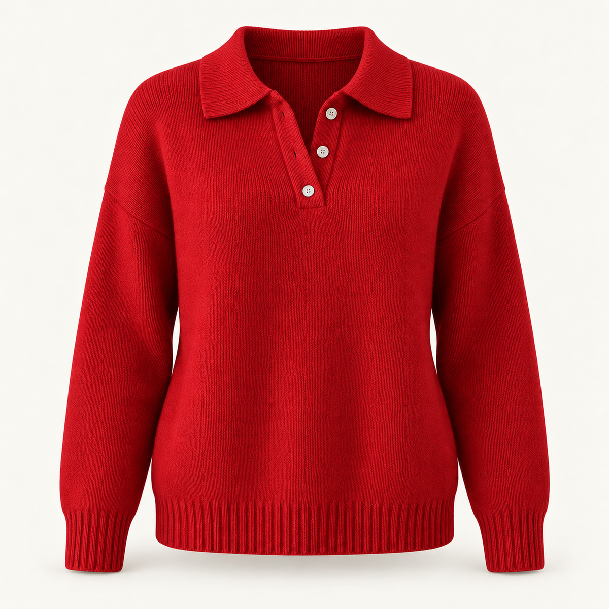 Women's Knitted Jumper - Polo Collar Button Placket Relaxed Fit