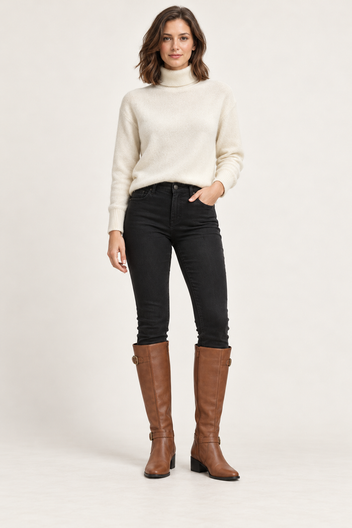 Brown long boots with buckle details - front view on model