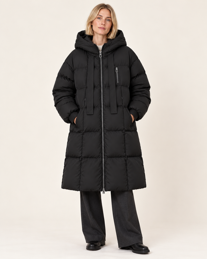 Women's long puffer coat in black, front view