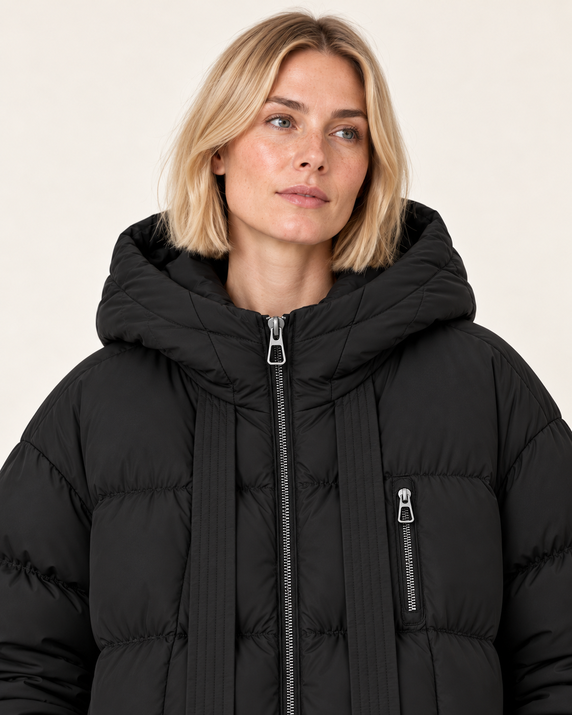 Women's long puffer coat in black, collar close-up