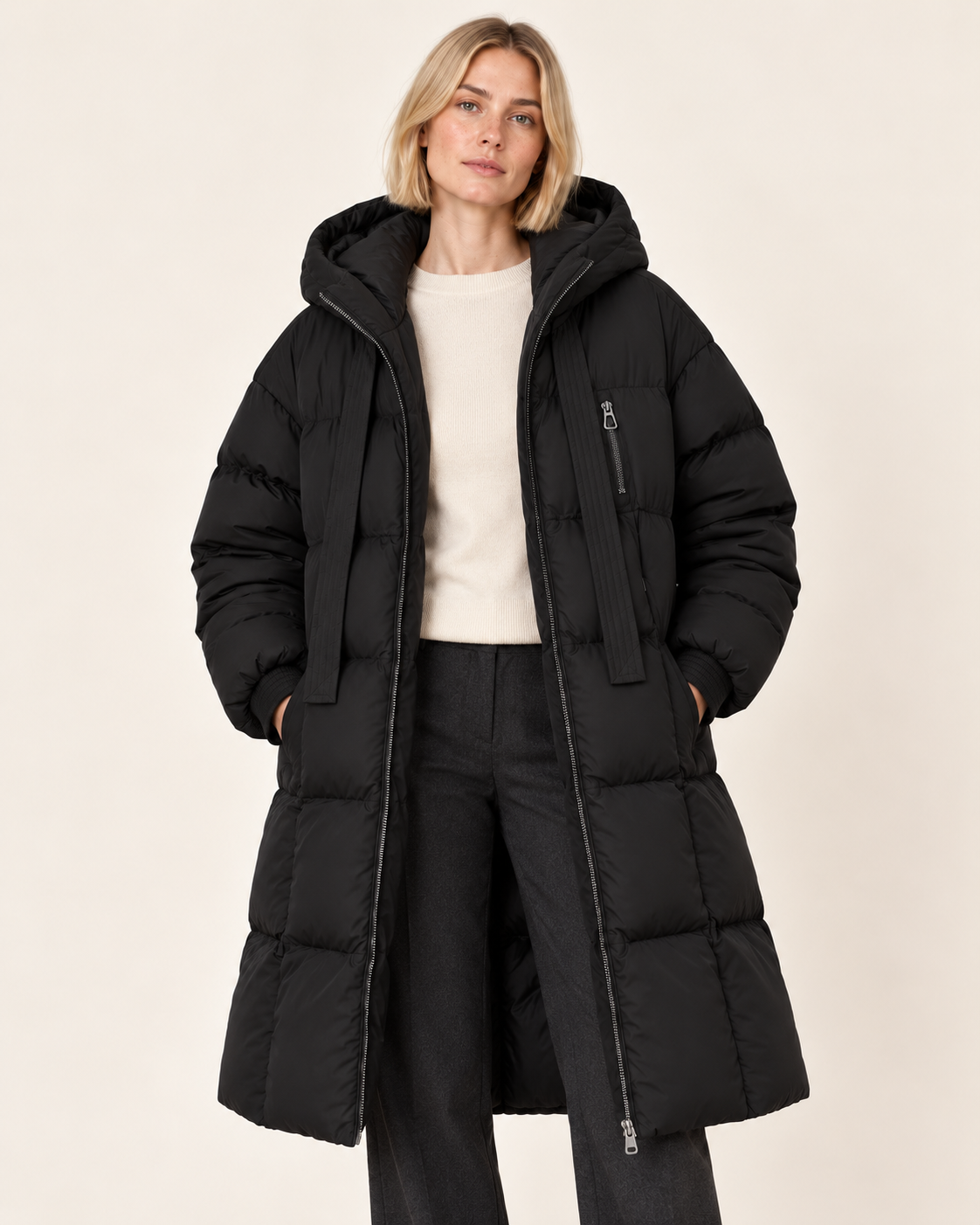 Women's long puffer coat in black, open styling view