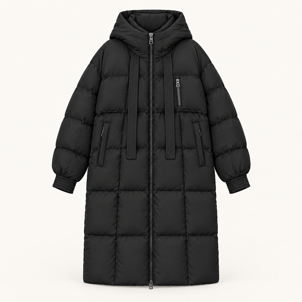 Women's long puffer coat in black, product view