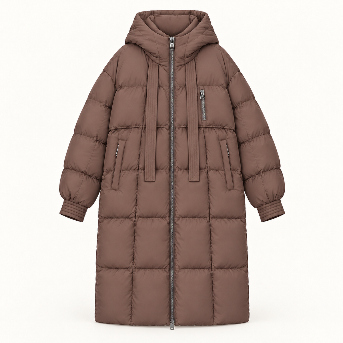 Women's long puffer coat in brown, product view