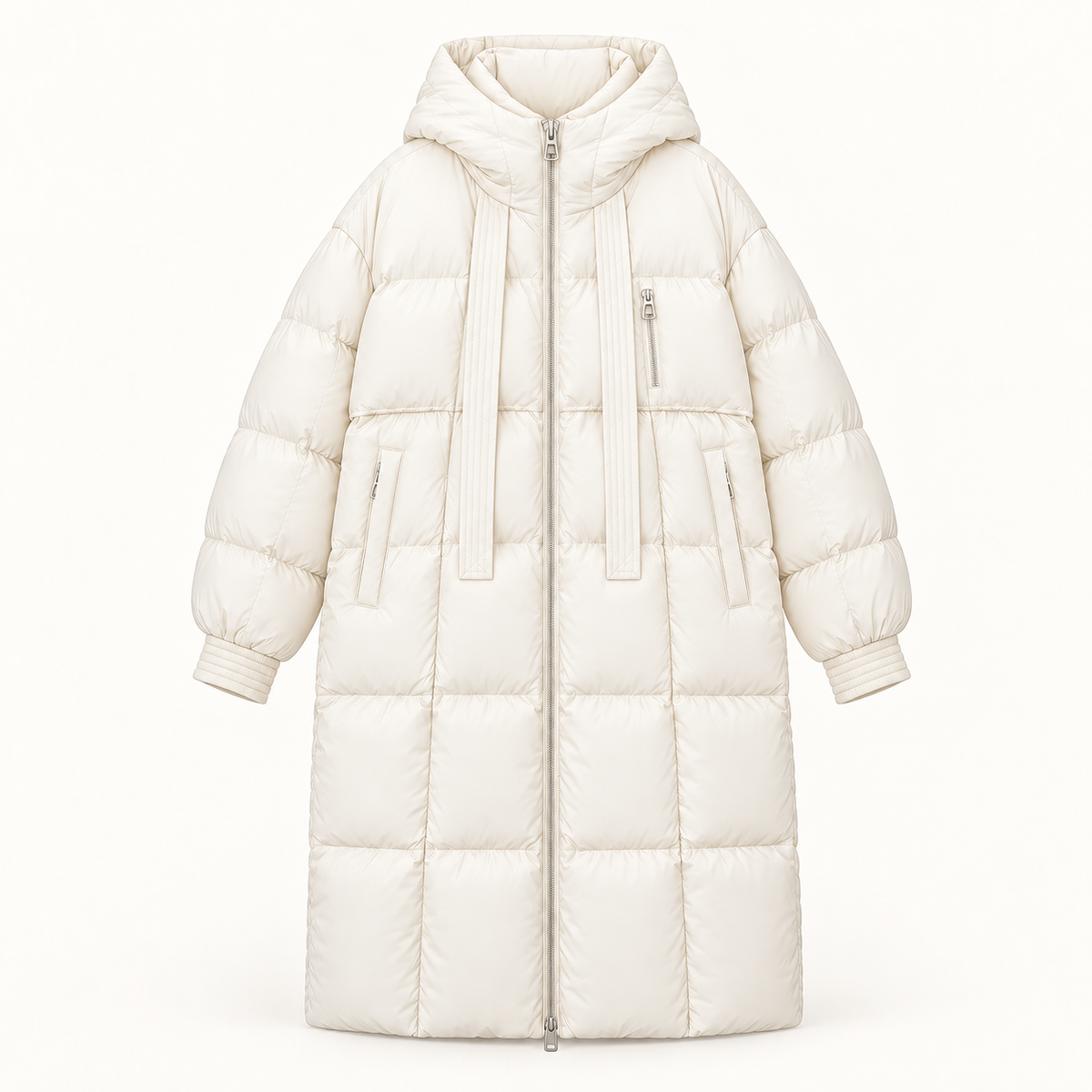 Women's long puffer coat in white, product view