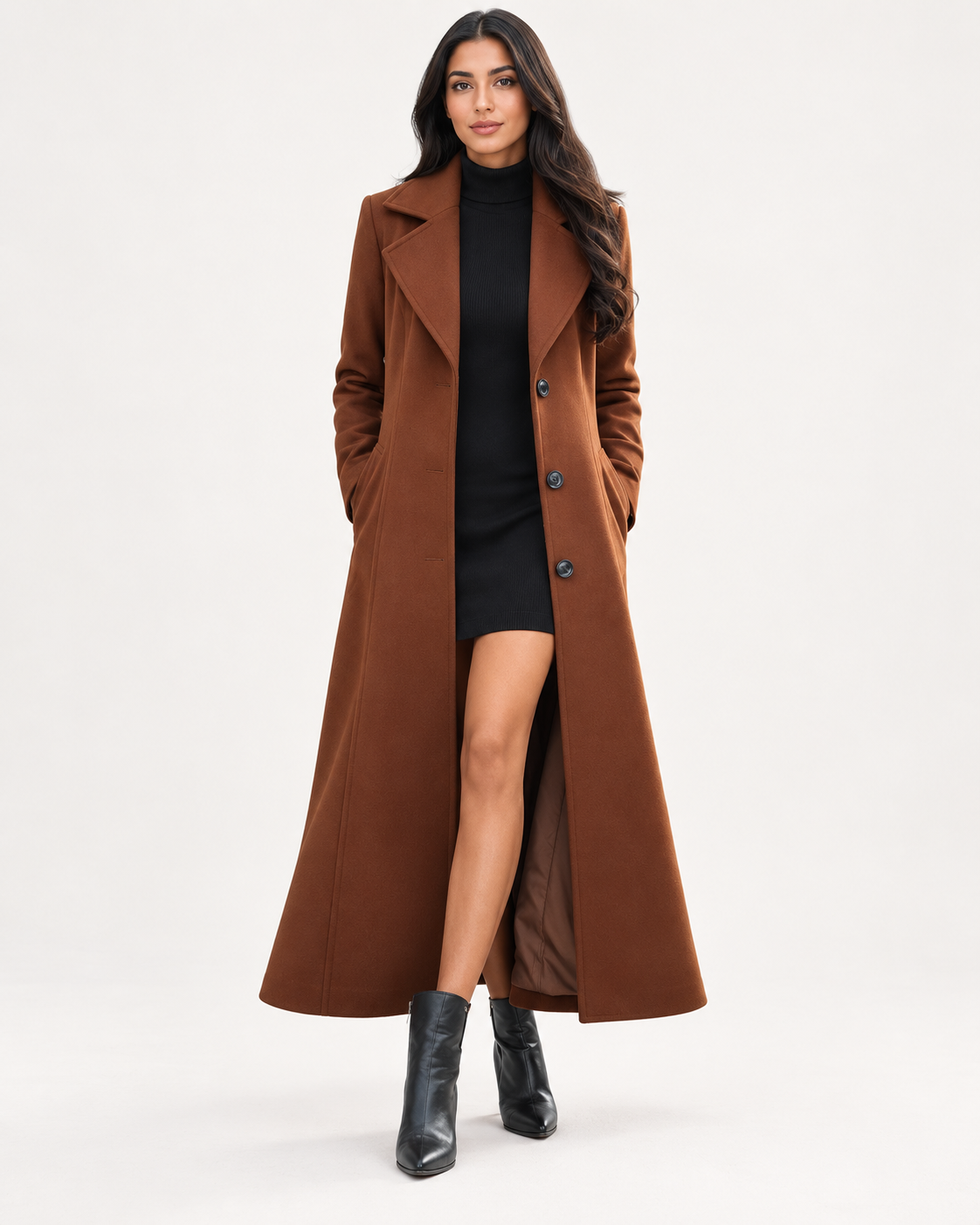 Women's Long Trench Coat - Double Breasted Belted Maxi Overcoat