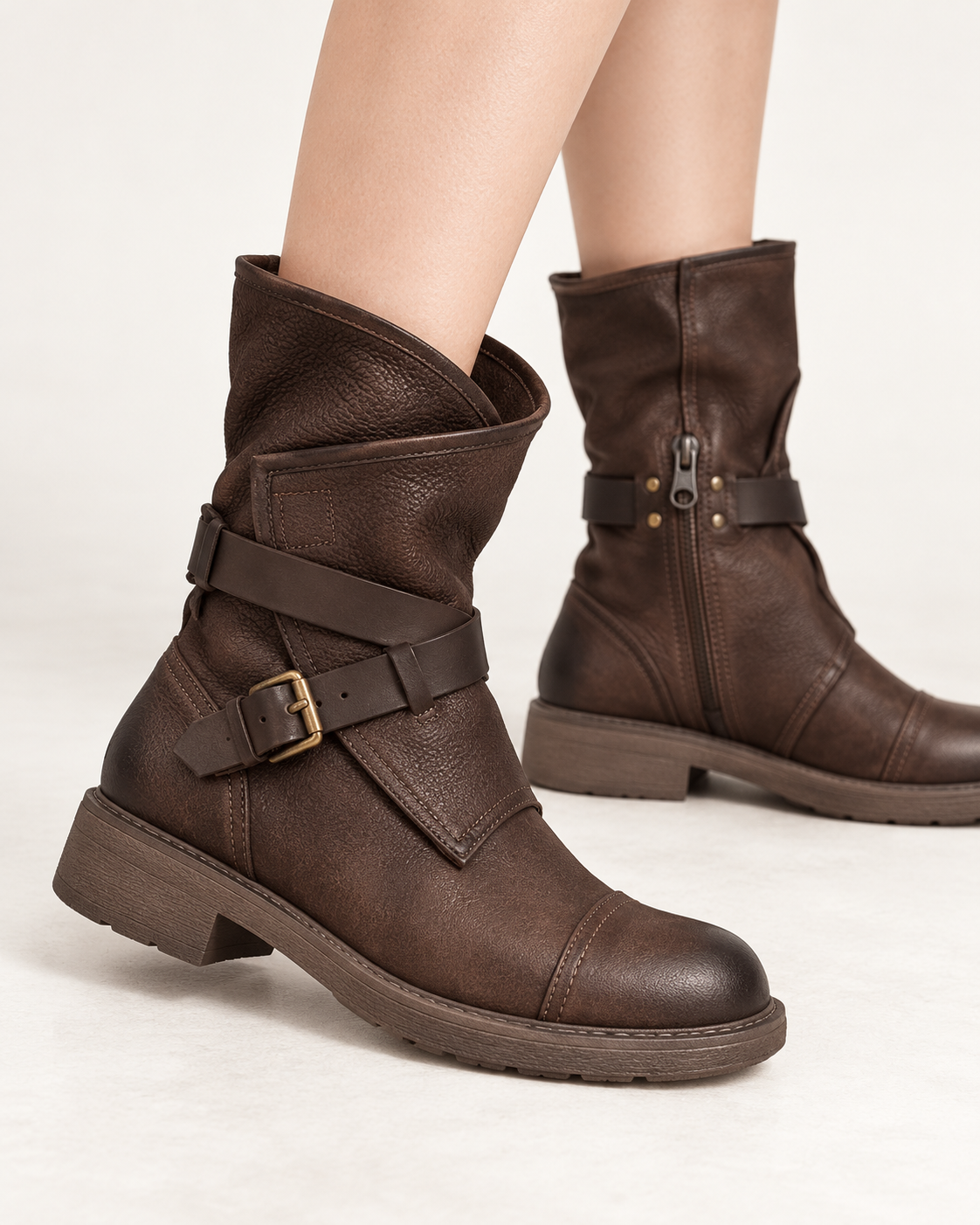 women's mid calf boots in coffee, buckle and leather detail