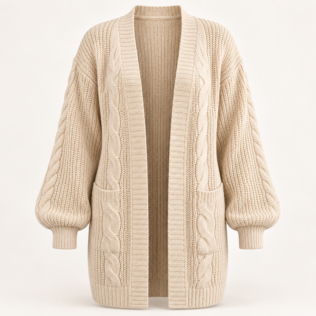 Women's Oversized Cardigan - Chunky Cable Knit Open Front Pockets