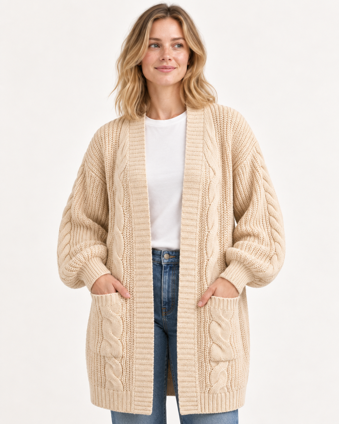 Women's Oversized Cardigan - Chunky Cable Knit Open Front Pockets