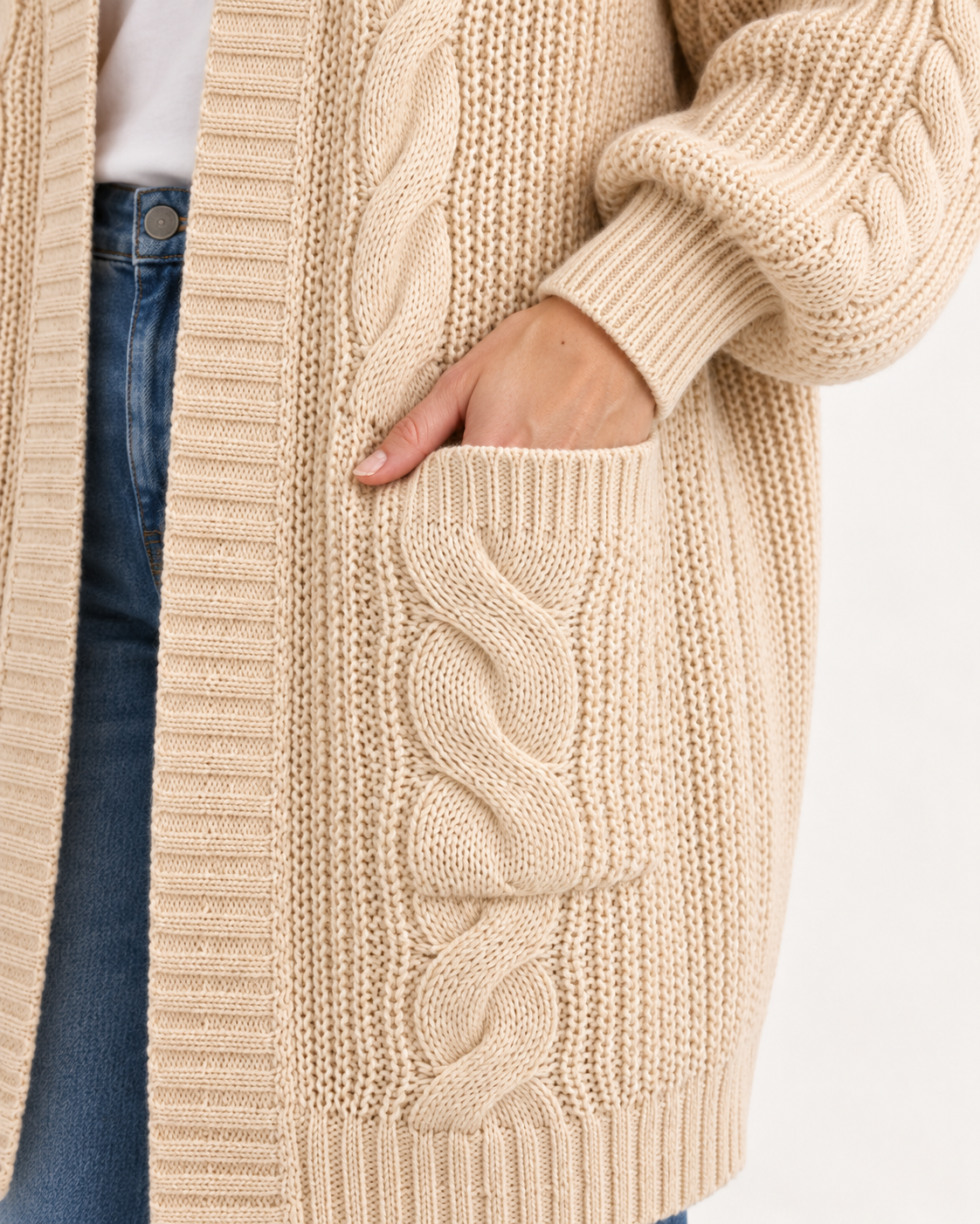 Women's Oversized Cardigan - Chunky Cable Knit Open Front Pockets