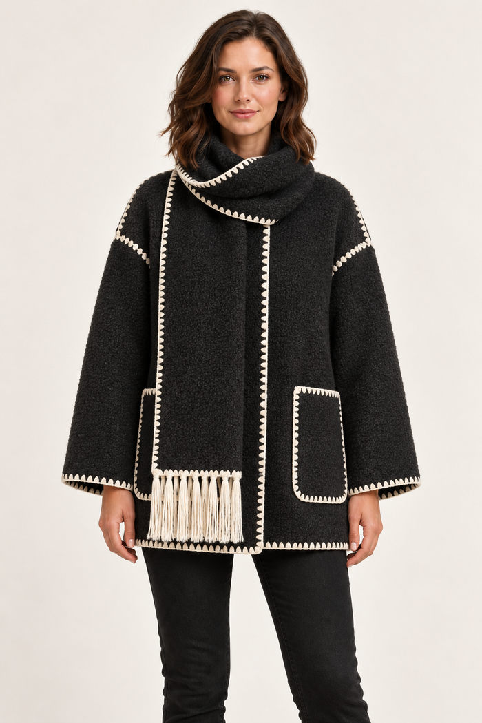 Dark Grey oversized jacket with matching scarf - front view on model