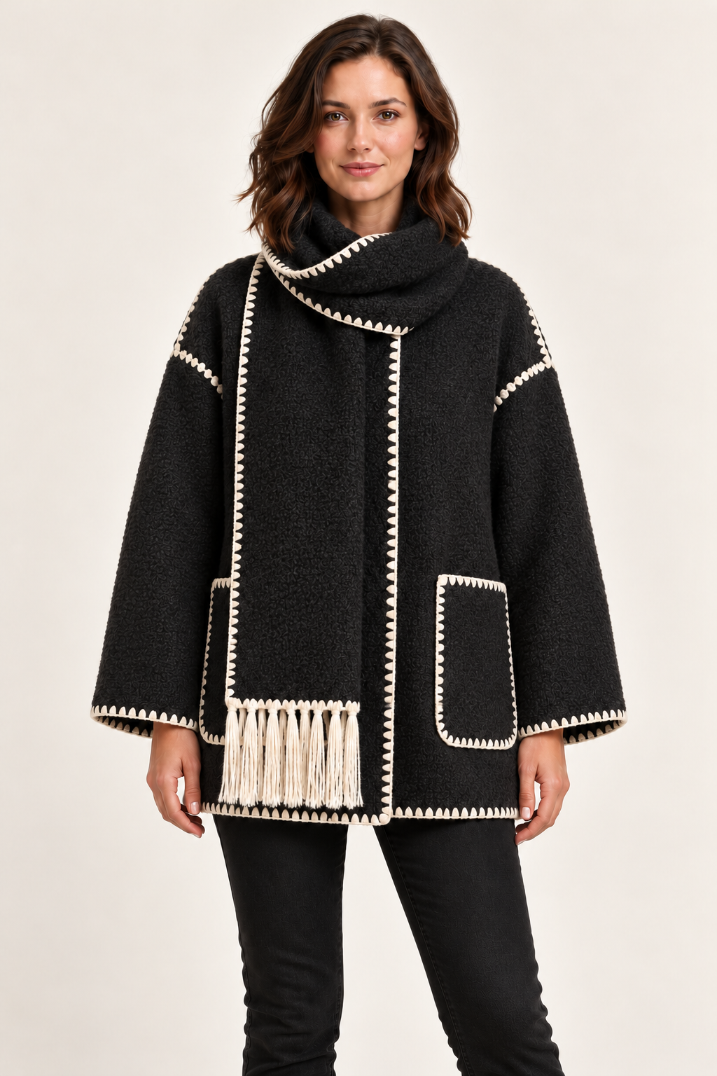 Dark Grey jacket with scarf - three-quarter on model