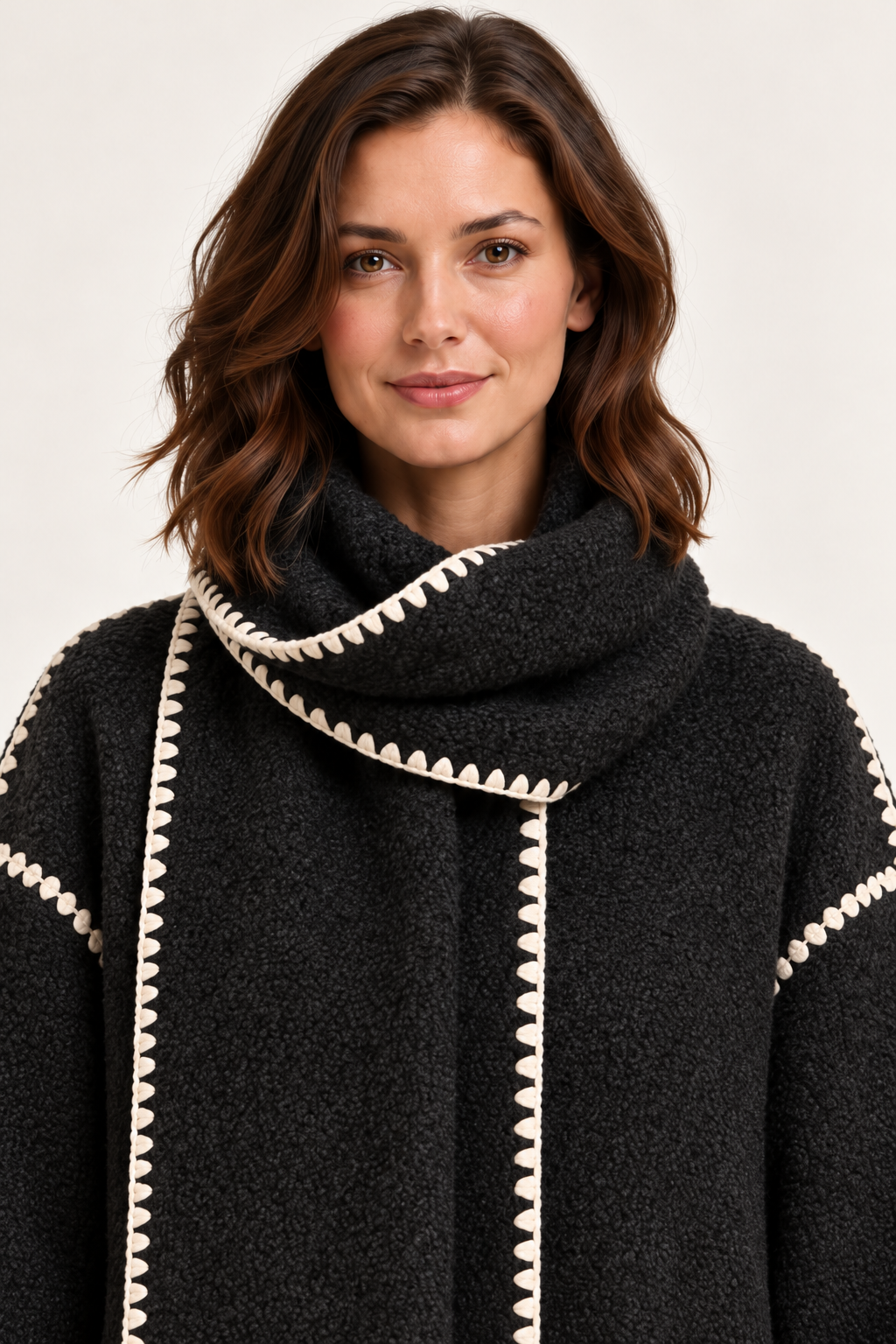 Women's oversized scarf jacket - Dark Grey scarf close-up on model
