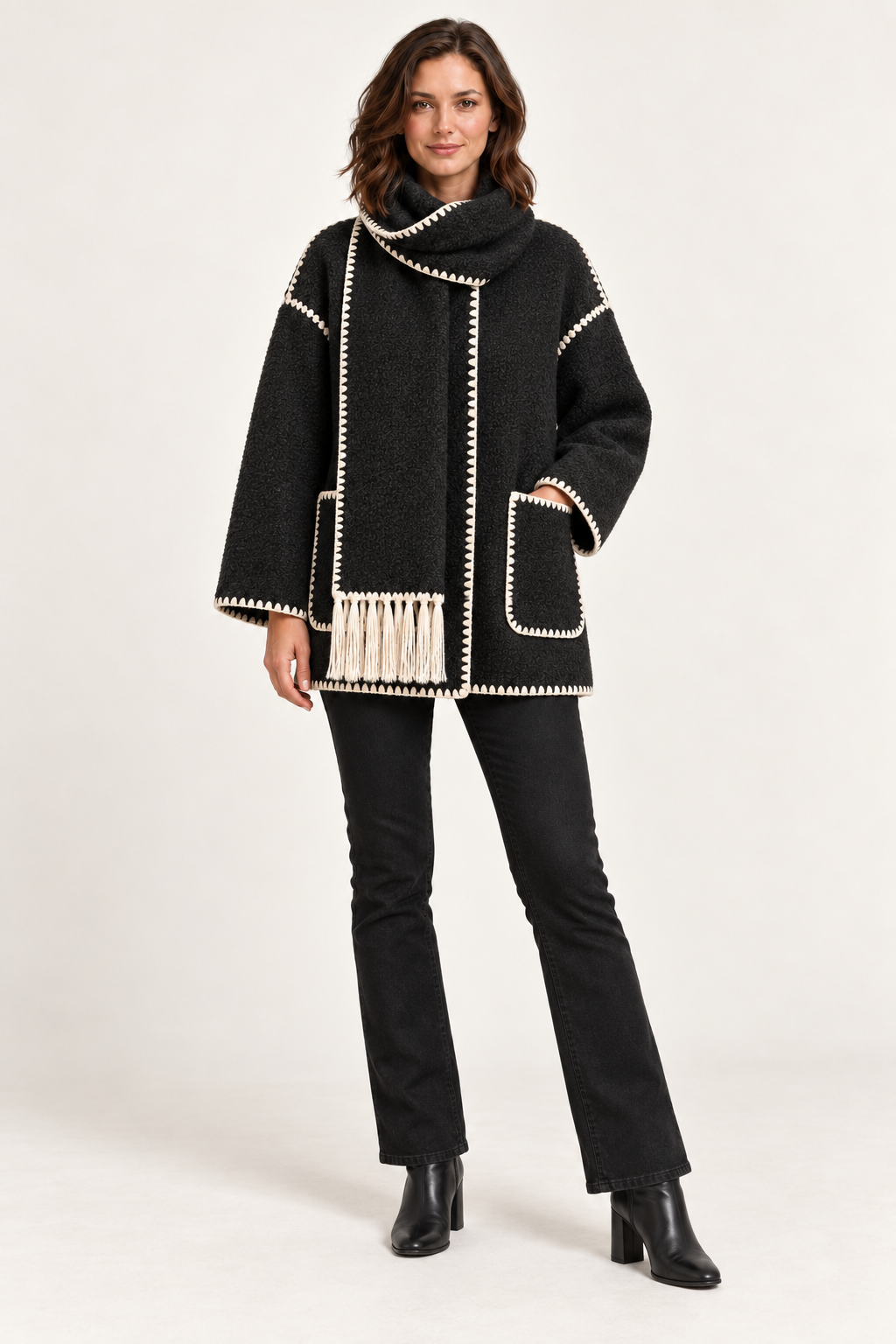 Women's oversized scarf jacket - Dark Grey styling on model