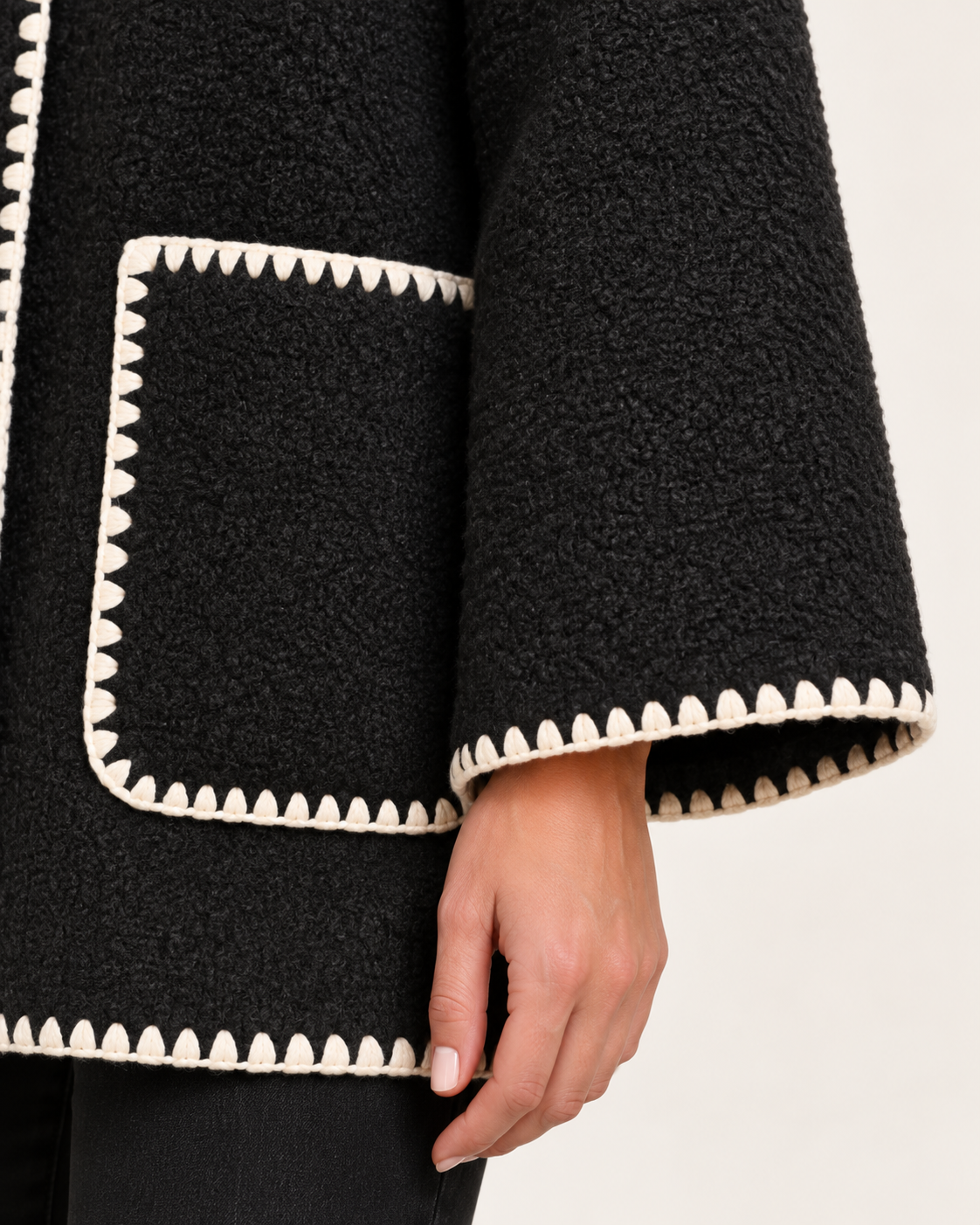 Women's oversized jacket in Dark Grey, cuff and stitching detail on model