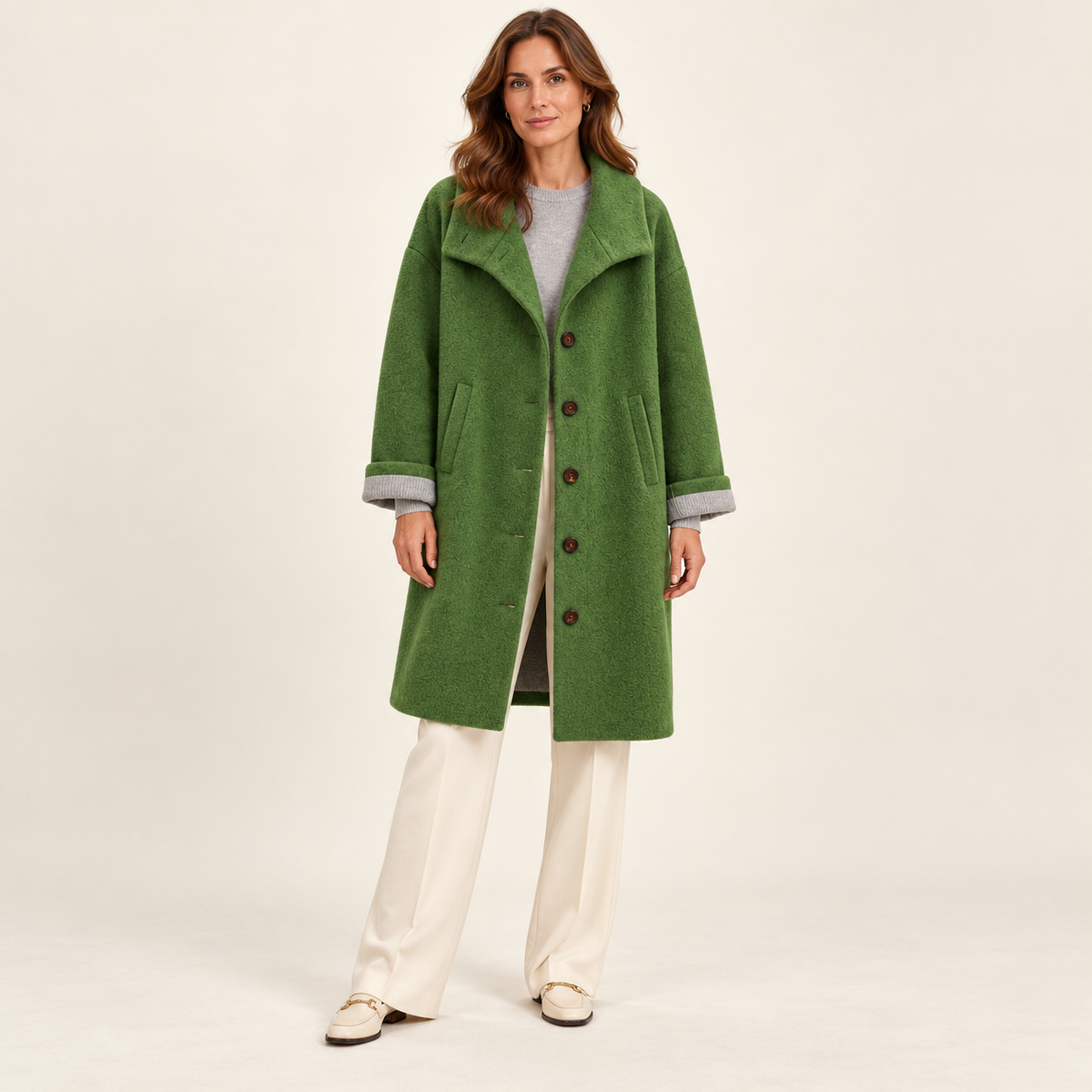 Harevi women's polo collar winter coat - Dark Green - front view on model