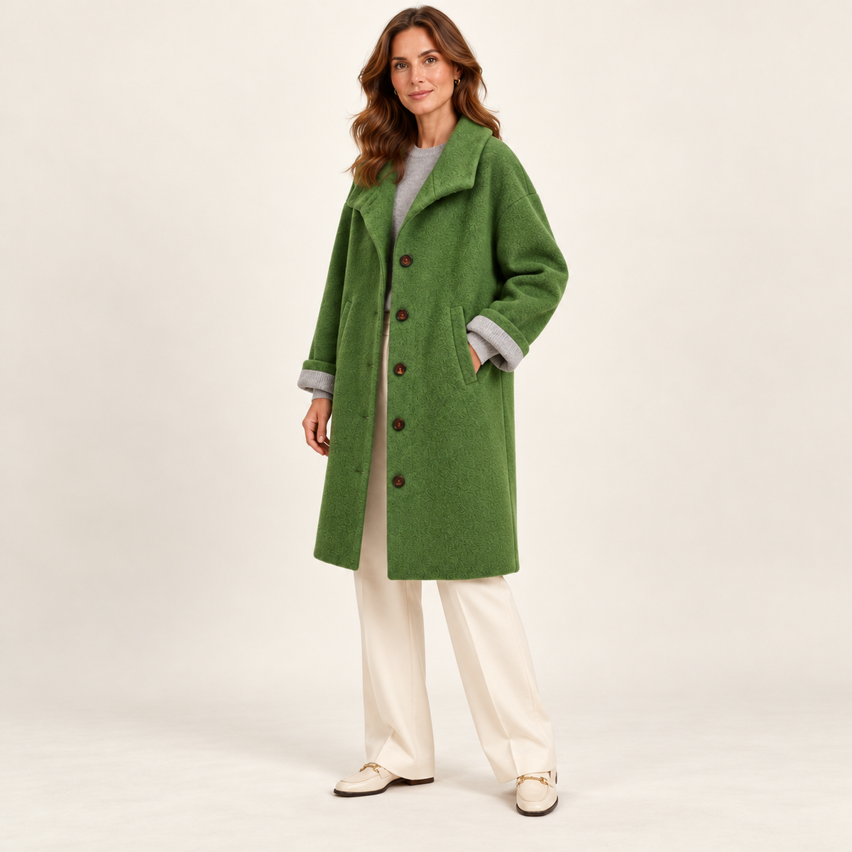 Harevi women's polo collar winter coat - Dark Green - three-quarter view on model