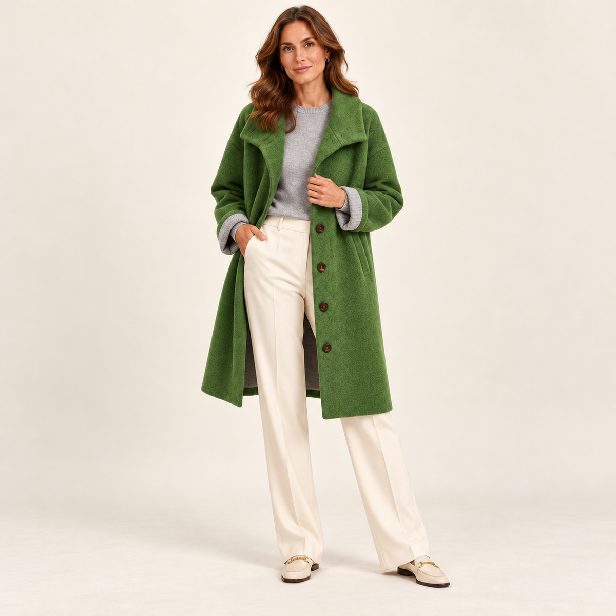 Harevi women's polo collar winter coat - Dark Green - styling on model