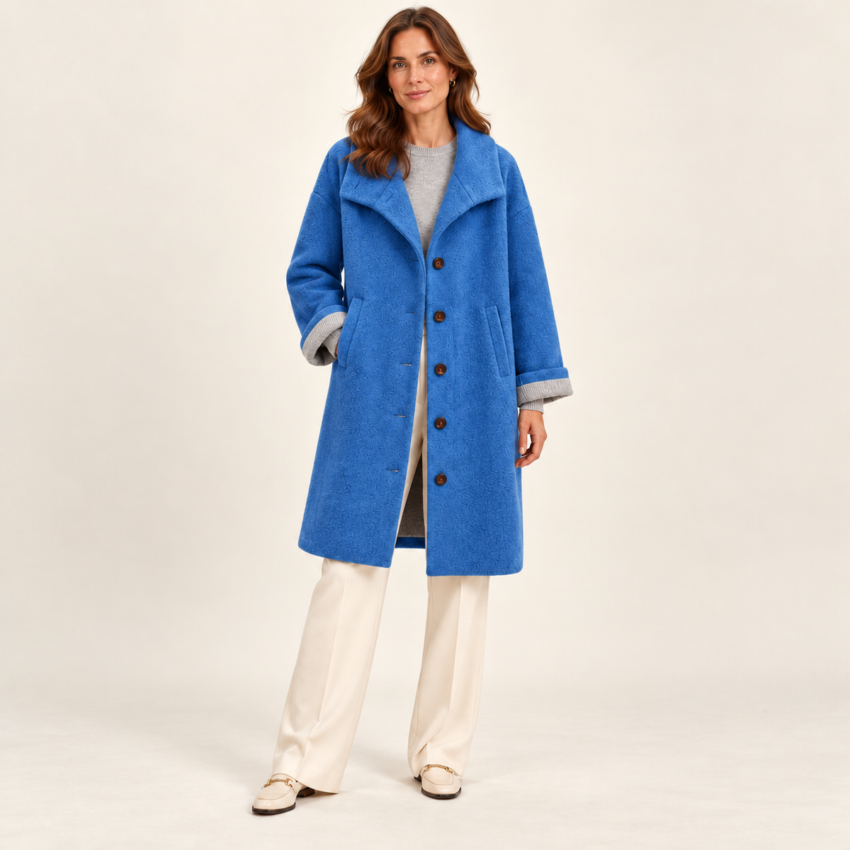 Harevi women's polo collar winter coat - Blue - front view on model