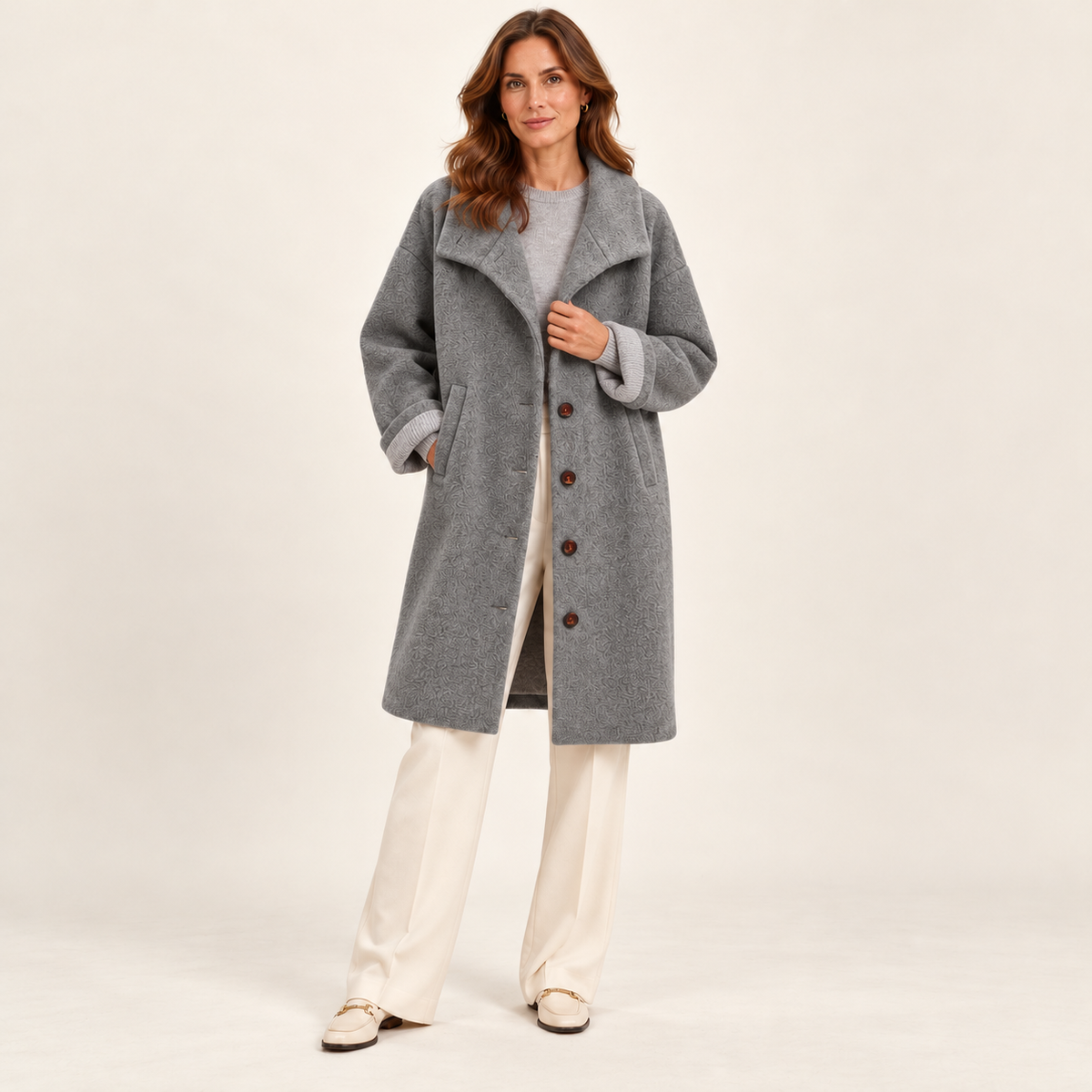Harevi women's polo collar winter coat - Grey - front view on model